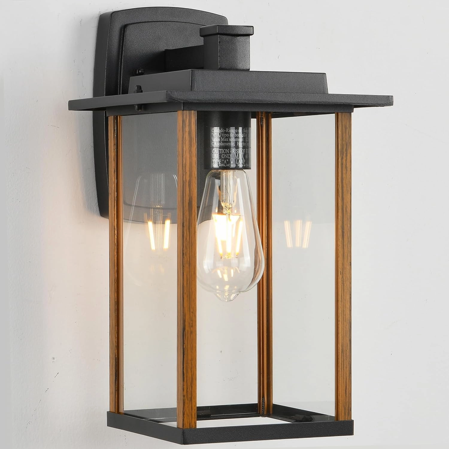Outdoor Wall Sconce, Large Exterior Wall Lighting, LED Outdoor Porch Wall Light Fixtures with Clear Glass for Outside, Garge, Patio, Wood Grain Finish & Matte Black Finish