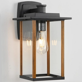 Outdoor Wall Sconce, Large Exterior Wall Lighting, LED Outdoor Porch Wall Light Fixtures with Clear Glass for Outside, Garge, Patio, Wood Grain Finish & Matte Black Finish