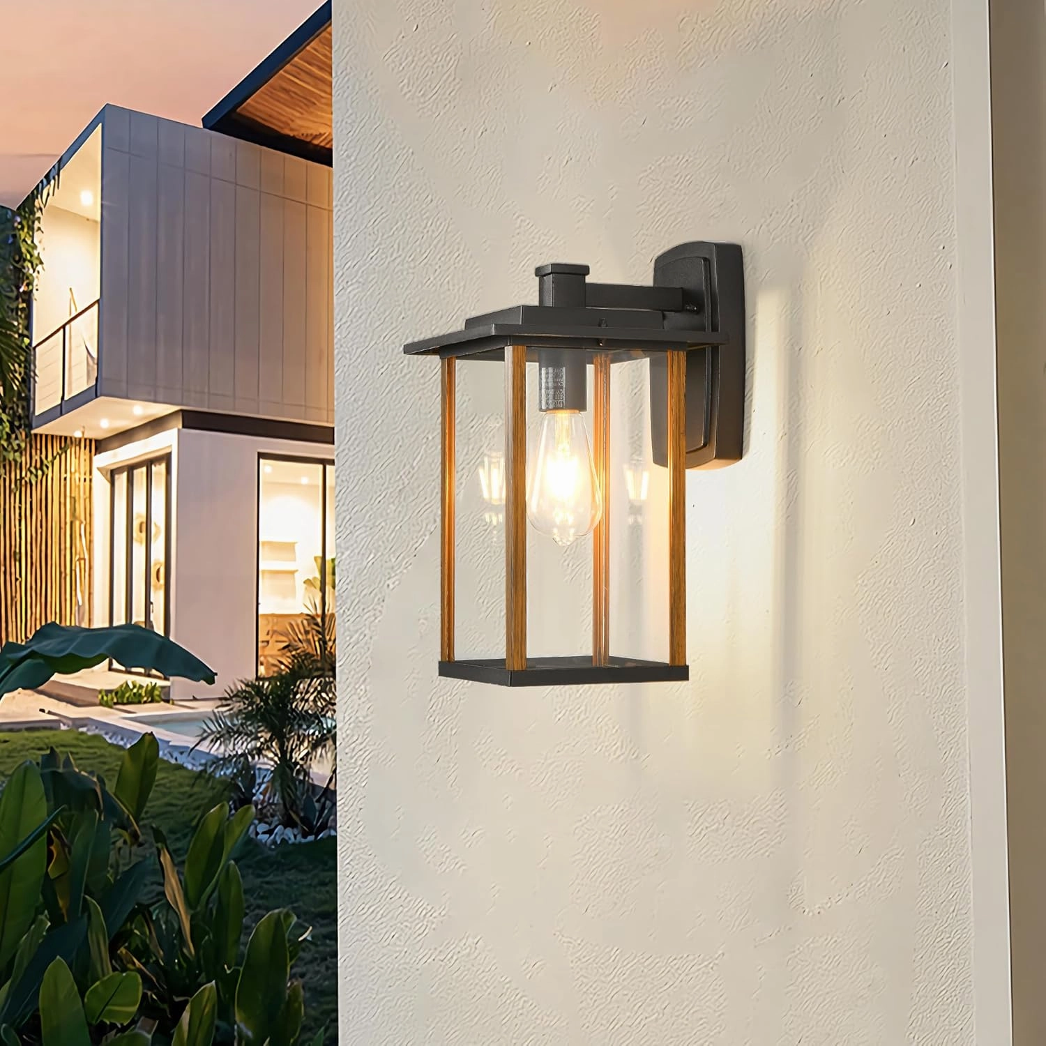 Outdoor Wall Sconce, Large Exterior Wall Lighting, LED Outdoor Porch Wall Light Fixtures with Clear Glass for Outside, Garge, Patio, Wood Grain Finish & Matte Black Finish