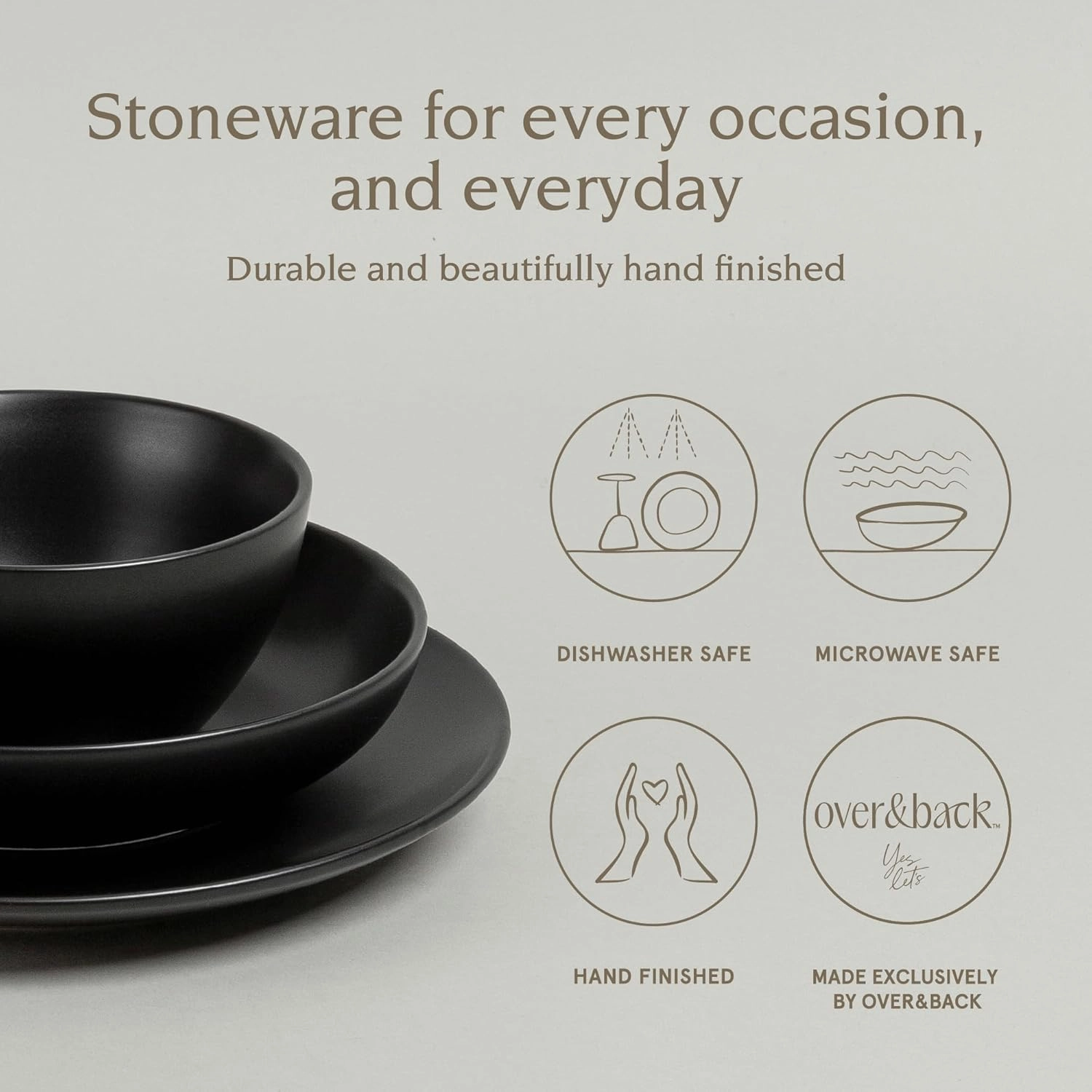 over&back Coupe Dinnerware Set - Stoneware Dishes - Comes with 4 Dinner Plates, 4 Cereal Bowls, and 4 Dinner Bowls - 12-Piece All-Occasion Place Settings - Semi-Matte Black