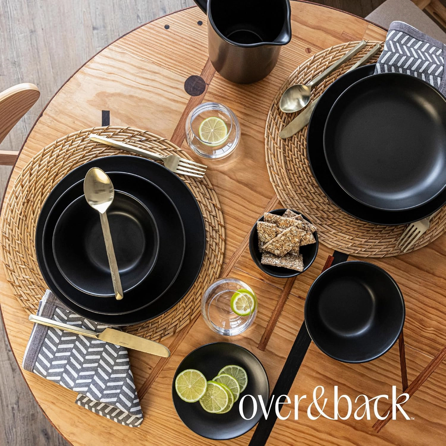 over&back Coupe Dinnerware Set - Stoneware Dishes - Comes with 4 Dinner Plates, 4 Cereal Bowls, and 4 Dinner Bowls - 12-Piece All-Occasion Place Settings - Semi-Matte Black