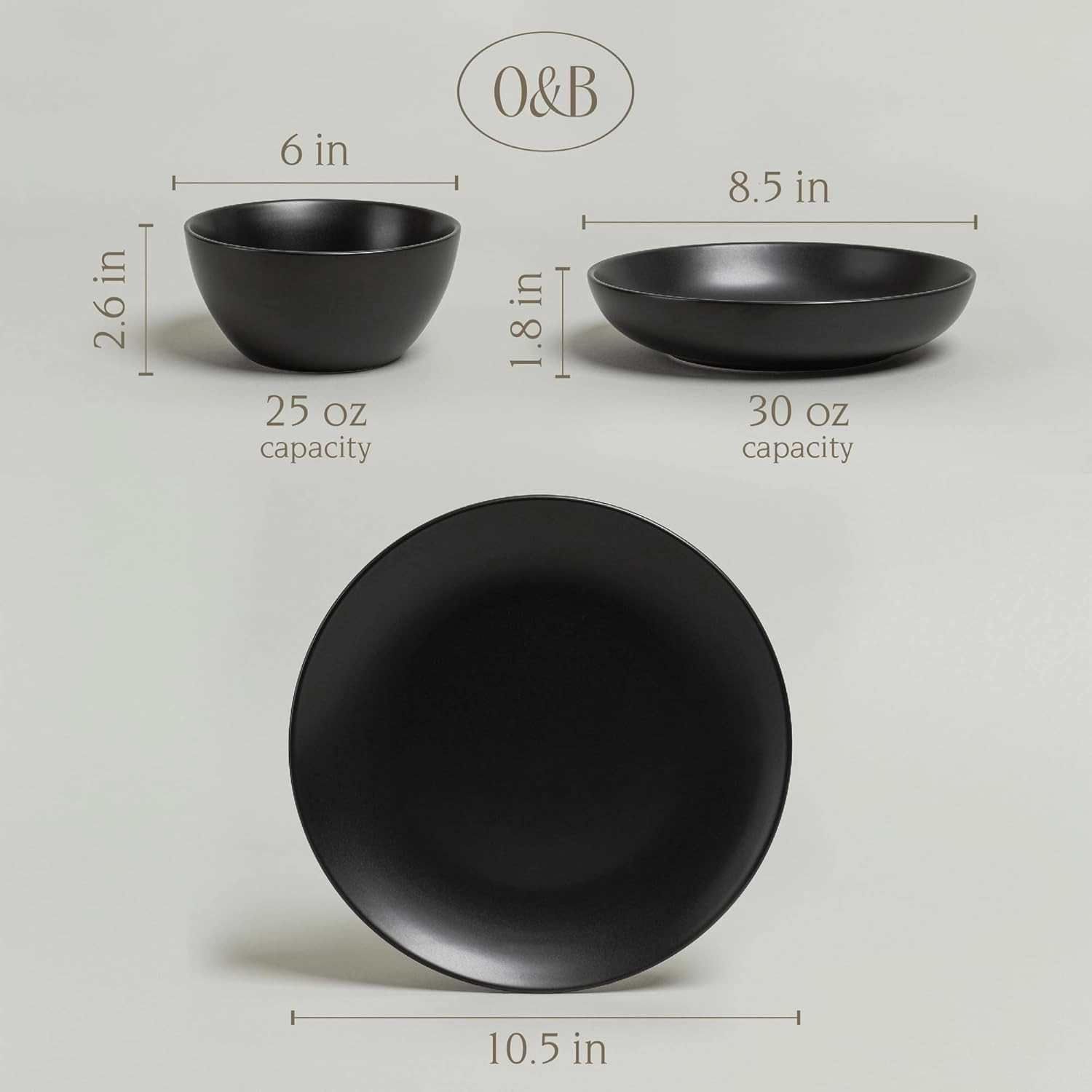 over&back Coupe Dinnerware Set - Stoneware Dishes - Comes with 4 Dinner Plates, 4 Cereal Bowls, and 4 Dinner Bowls - 12-Piece All-Occasion Place Settings - Semi-Matte Black