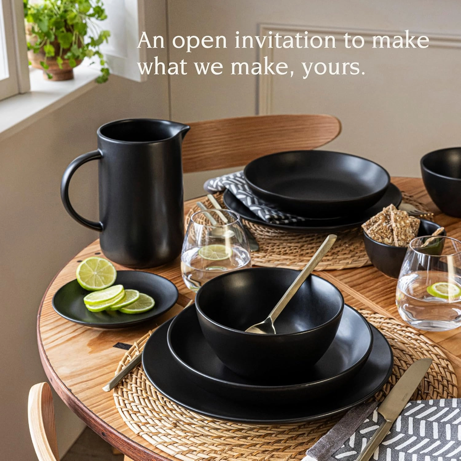 over&back Coupe Dinnerware Set - Stoneware Dishes - Comes with 4 Dinner Plates, 4 Cereal Bowls, and 4 Dinner Bowls - 12-Piece All-Occasion Place Settings - Semi-Matte Black