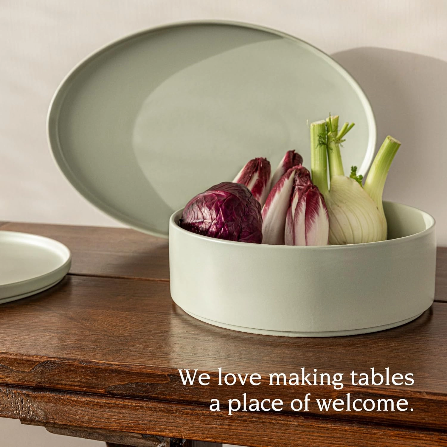 over&back Stackable Serving Bowl - Stoneware Dishes - All-Occasion Place Settings - Perfect for Salads, Pastas, and More - 10.1" x 10.1" x 3.2" - Semi-Matte Sage