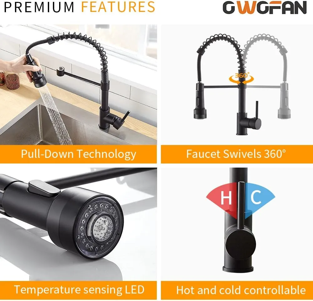 OWOFAN Kitchen Faucet with Sprayer Single Handle Pull Down Sprayer Spring Matte Black Kitchen Sink Faucet with LED Light 9005R