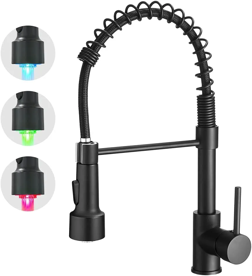OWOFAN Kitchen Faucet with Sprayer Single Handle Pull Down Sprayer Spring Matte Black Kitchen Sink Faucet with LED Light 9005R
