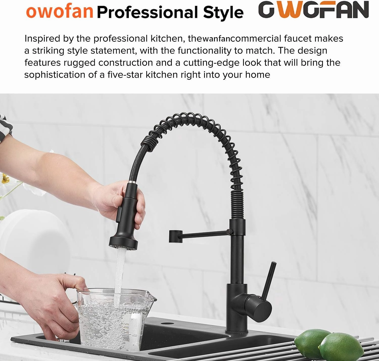 OWOFAN Modern Single Handle Spring Kitchen Faucet with Pull Down Sprayer, Matte Black Kitchen Sink Faucet 866080R