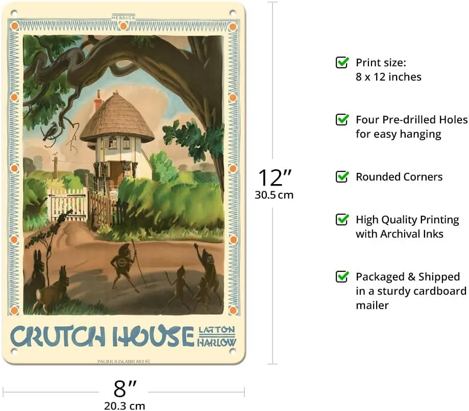 Pacifica Island Art Crutch House Latton Harlow - London Underground - Vintage Railroad Travel Poster by Frederick C. Herrick c.1930s - 8 x 12 inch Vintage Metal Tin Sign