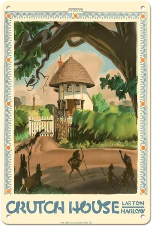 Pacifica Island Art Crutch House Latton Harlow - London Underground - Vintage Railroad Travel Poster by Frederick C. Herrick c.1930s - 8 x 12 inch Vintage Metal Tin Sign