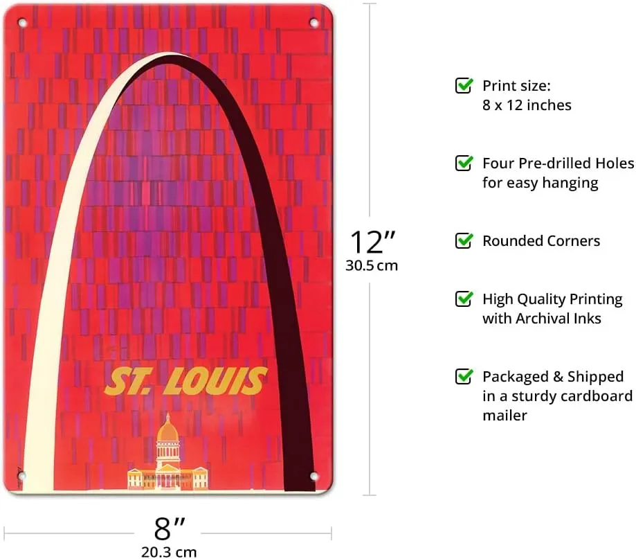 Pacifica Island Art St. Louis- The Gateway Arch Monument - Vintage Travel Poster by David Klein c.1950s - 8 x 12 inch Vintage Metal Tin Sign