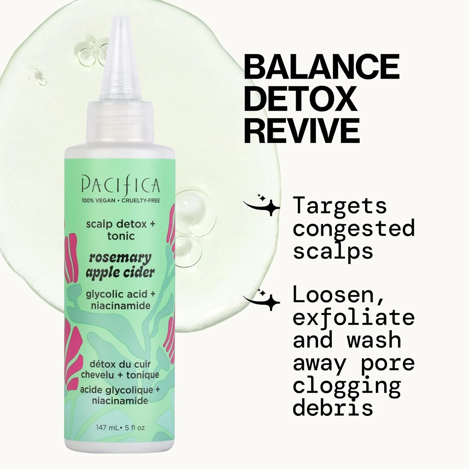 Pacifica Scalp Detox Set – Rosemary Apple Cider Vinegar Scalp Exfoliating Tonic with Scalp Massager Brush, Deep Cleansing & Clarifying Treatment for Buildup, Dry Flaky Scalp, Vegan