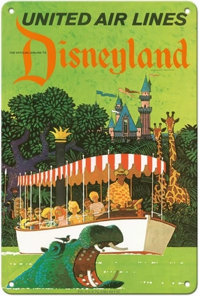 Pacifica Island Art California - Jungle Cruise Hippo - United Air Lines - Vintage Airline Travel Poster by Stan Galli c.1960s - 8 x 12 inch Vintage Metal Tin Sign