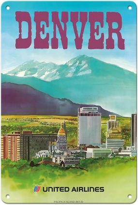 Pacifica Island Art Denver Colorado - The Mile High City - United Air Lines - Vintage Airline Travel Poster by Michael Hagel c.1970s - 8 x 12 inch Vintage Metal Tin Sign