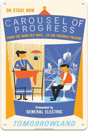 Pacifica Island Art Disneyland - Tomorrowland’s Carousel of Progress - Vintage Advertising Poster by Ken Chapman c.1967-8 x 12 inch Vintage Metal Tin Sign