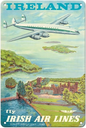 Pacifica Island Art Ireland - Fly Irish Air Lines - Lockheed Martin Constellation “Connie” Aircraft - Vintage Airline Travel Poster by Terry c.1940s - 8 x 12 inch Vintage Metal Tin Sign