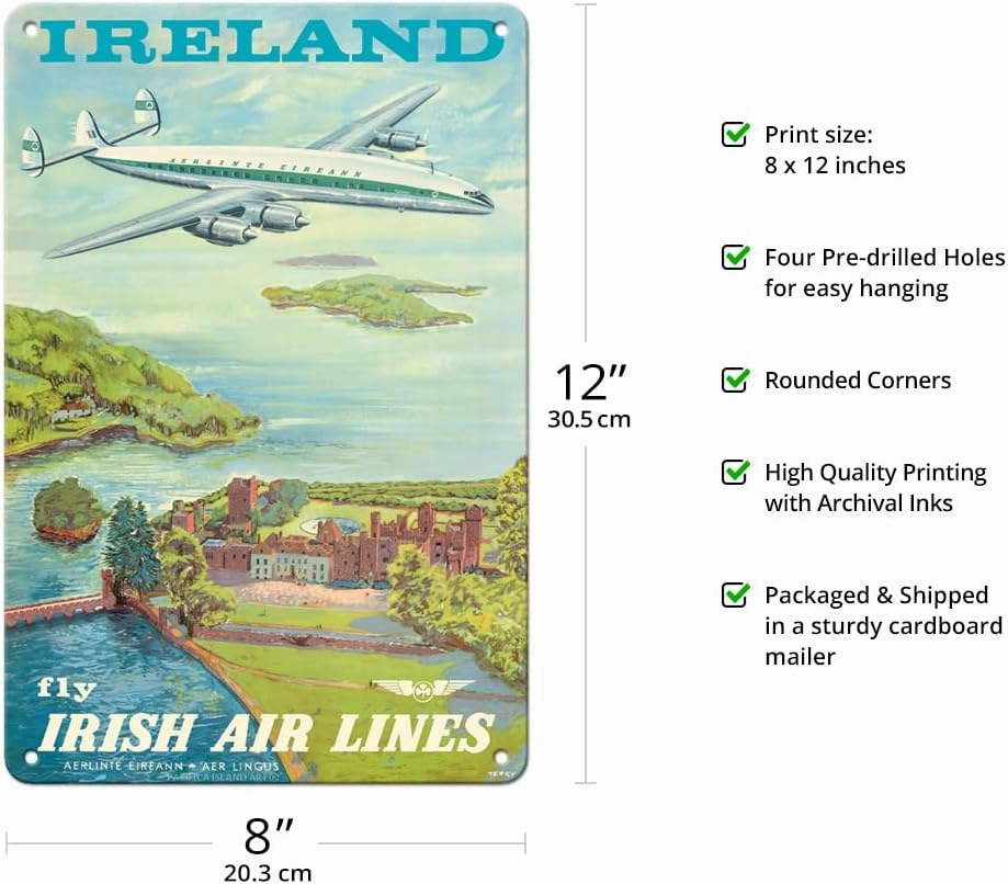 Pacifica Island Art Ireland - Fly Irish Air Lines - Lockheed Martin Constellation “Connie” Aircraft - Vintage Airline Travel Poster by Terry c.1940s - 8 x 12 inch Vintage Metal Tin Sign