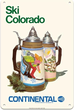 Pacifica Island Art Ski Colorado - Skiing Beer Steins - Continental Airlines - Vintage Airline Travel Poster c.1980s - 8 x 12 inch Vintage Metal Tin Sign