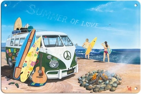Pacifica Island Art Summer of Love - Classic VW Van - Beach Surf Board - From an Original Color Painting by Scott Westmoreland - 8 x 12 inch Vintage Metal Tin Sign