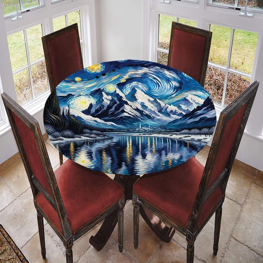 Painting Art Round Fitted Tablecloth, Abstract Night Scenery with Impressionist Elements Starry Sky Lake, Suitable for Restaurant Kitchen Parties, Fit for 24" Table, Blue and Yellow