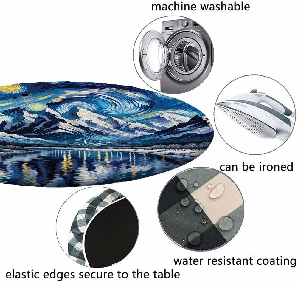 Painting Art Round Fitted Tablecloth, Abstract Night Scenery with Impressionist Elements Starry Sky Lake, Suitable for Restaurant Kitchen Parties, Fit for 24" Table, Blue and Yellow