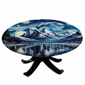 Painting Art Round Fitted Tablecloth, Abstract Night Scenery with Impressionist Elements Starry Sky Lake, Suitable for Restaurant Kitchen Parties, Fit for 24" Table, Blue and Yellow