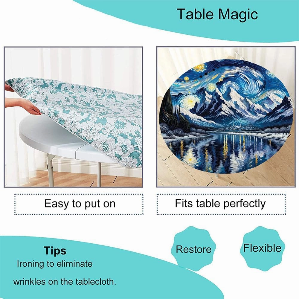 Painting Art Round Fitted Tablecloth, Abstract Night Scenery with Impressionist Elements Starry Sky Lake, Suitable for Restaurant Kitchen Parties, Fit for 24" Table, Blue and Yellow