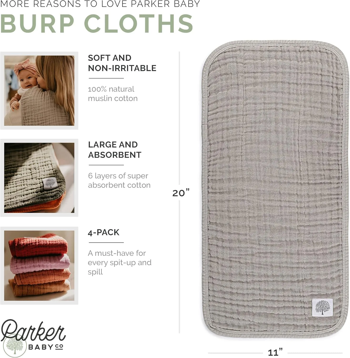 Parker Baby Co. Muslin Burp Cloths, 100% Cotton Burping Clothes, Newborn Essential, Must-Have Baby Registry, Modern and Trendy Colors, 20x11 Unisex Large Baby Burp Cloths, Pack of 4