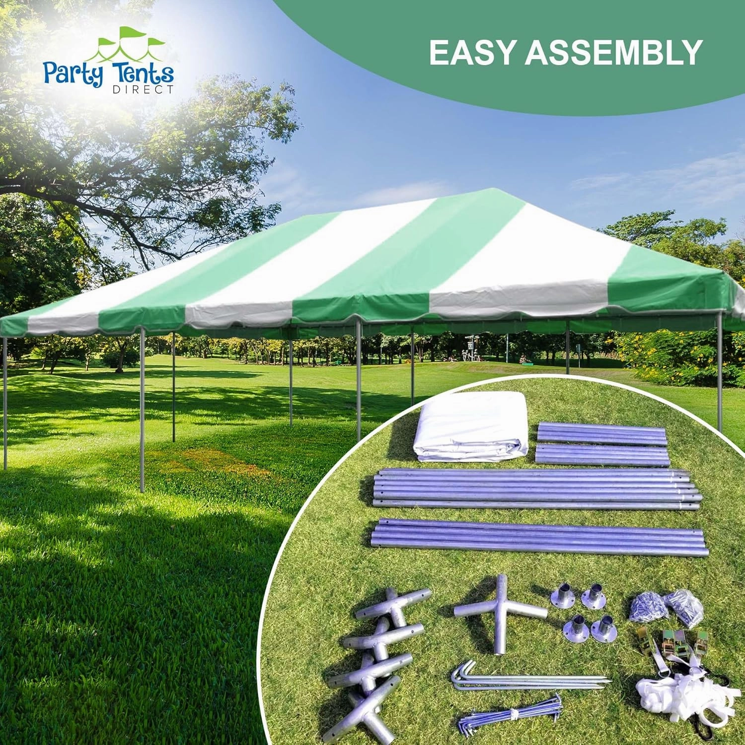 Party Tents Direct 20x30 Canopy Tent - Steel Frame - Outdoor Gazebo Pavilion Sun Shade Camping Shelter - Green Vinyl Heavy Duty Waterproof Tent Cover - Event Tents for Parties Wedding