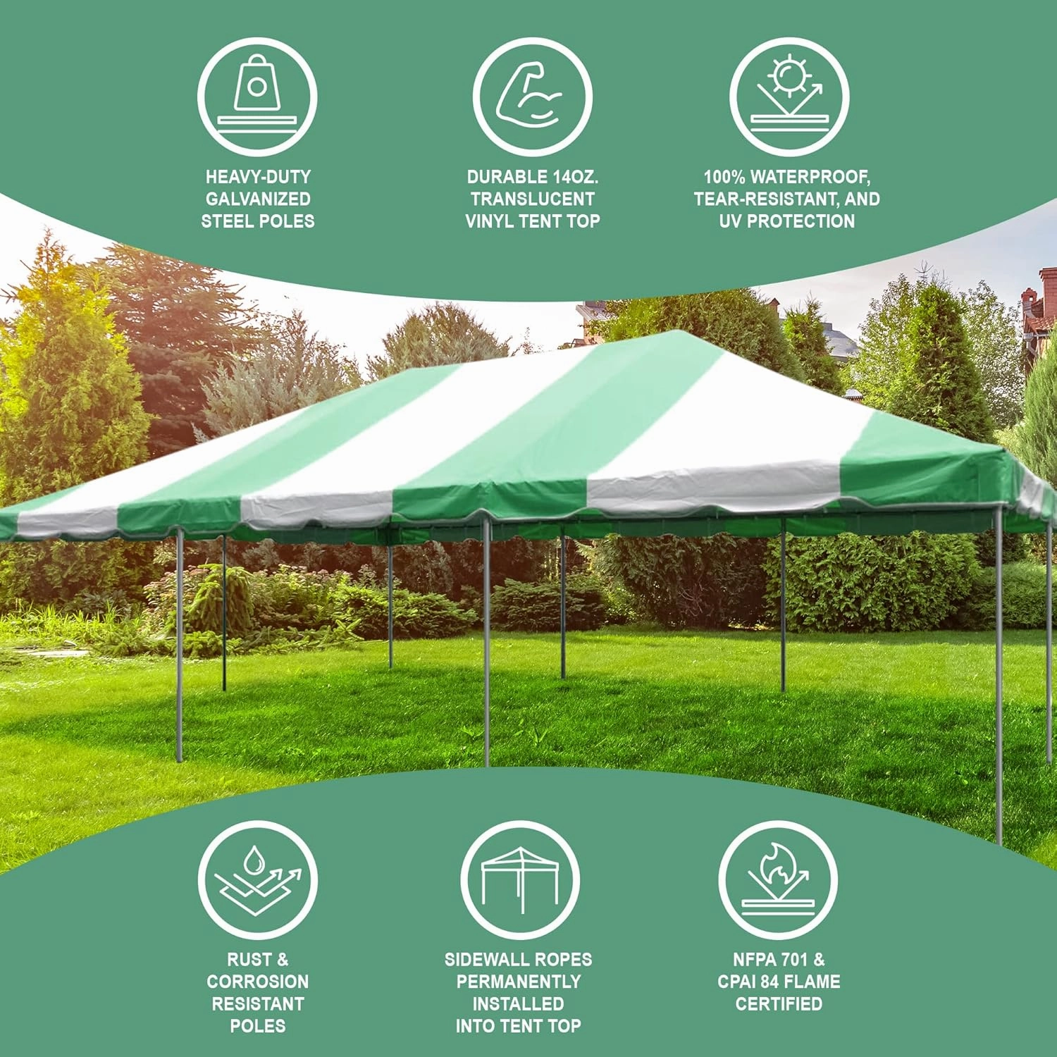 Party Tents Direct 20x30 Canopy Tent - Steel Frame - Outdoor Gazebo Pavilion Sun Shade Camping Shelter - Green Vinyl Heavy Duty Waterproof Tent Cover - Event Tents for Parties Wedding