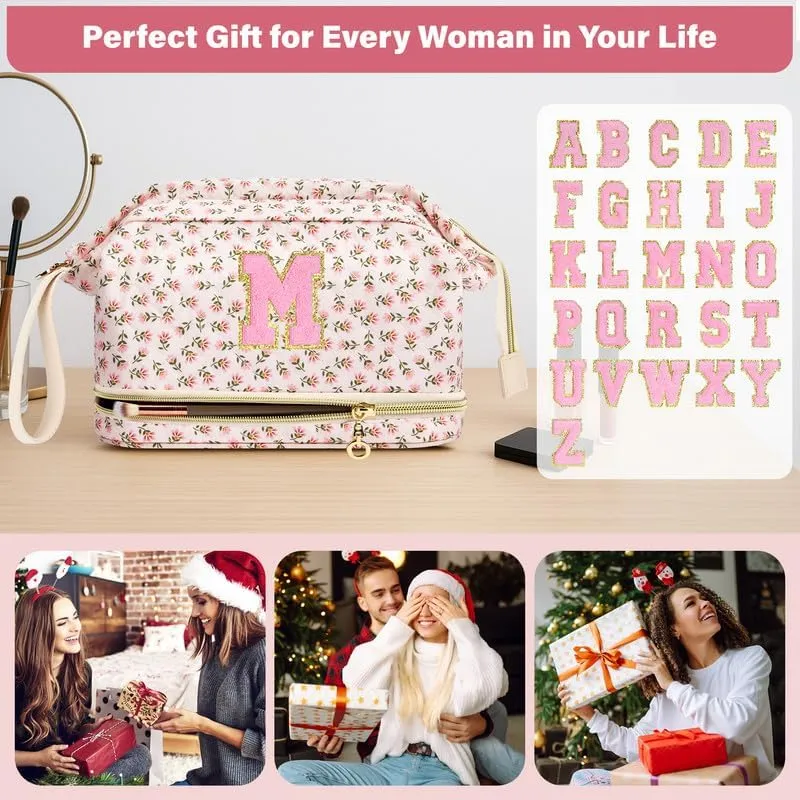 Personalized Makeup Bag Initial Graduation Gifts, Perfect Gifts Trendy Stuff Cosmetic Bag, Teacher Appreciation Gift, Travel Make up Bag for Women Dance Recital Gift for Girls - Red flower A