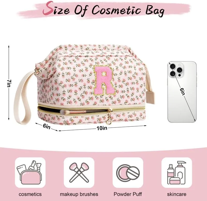 Personalized Makeup Bag Initial Graduation Gifts, Perfect Gifts Trendy Stuff Cosmetic Bag, Teacher Appreciation Gift, Travel Make up Bag for Women Dance Recital Gift for Girls - Red flower A