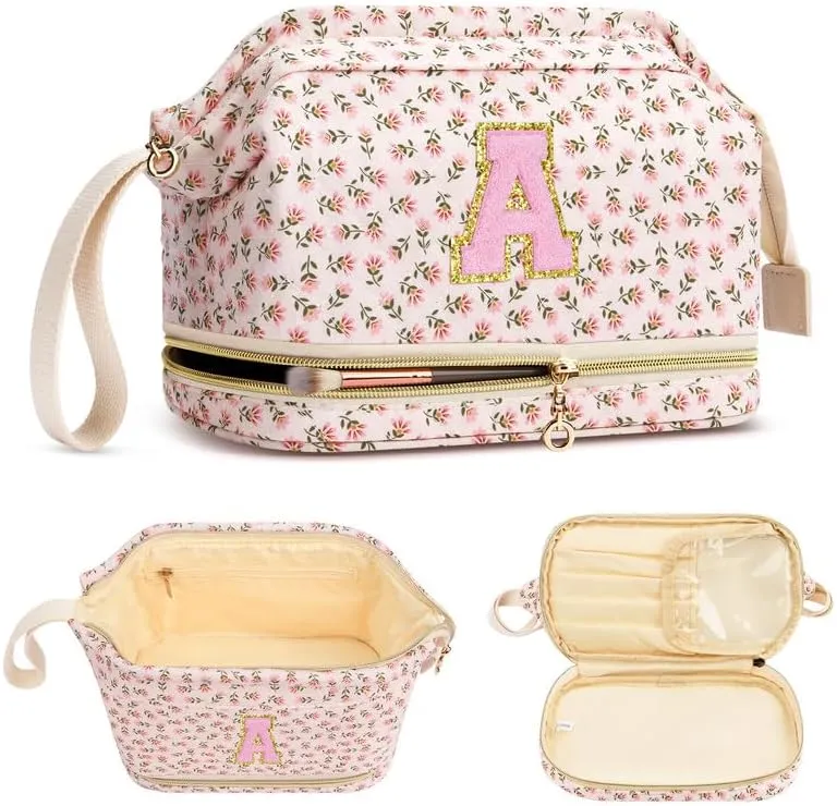 Personalized Makeup Bag Initial Graduation Gifts, Perfect Gifts Trendy Stuff Cosmetic Bag, Teacher Appreciation Gift, Travel Make up Bag for Women Dance Recital Gift for Girls - Red flower A