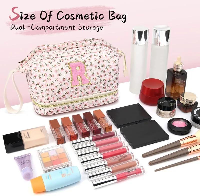 Personalized Makeup Bag Initial Graduation Gifts, Perfect Gifts Trendy Stuff Cosmetic Bag, Teacher Appreciation Gift, Travel Make up Bag for Women Dance Recital Gift for Girls - Red flower A