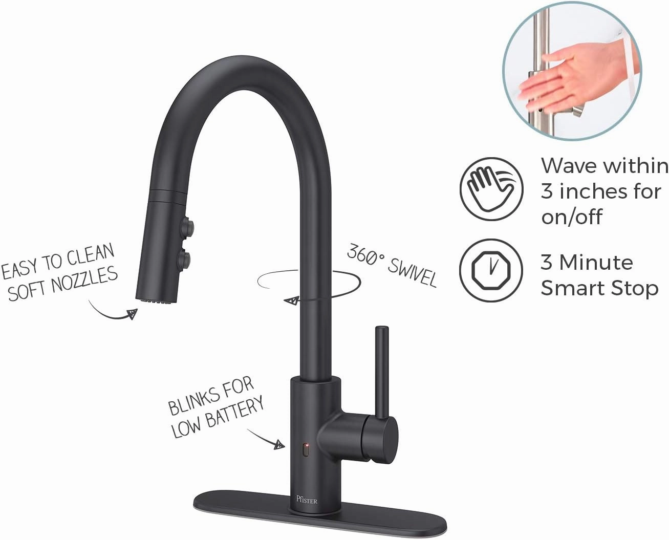 Pfister LG529-ESA Stellen 1.8 GPM Touchless Single Hole Pull Down Kitchen Faucet - Includes Escutcheon Plate - Matte Black