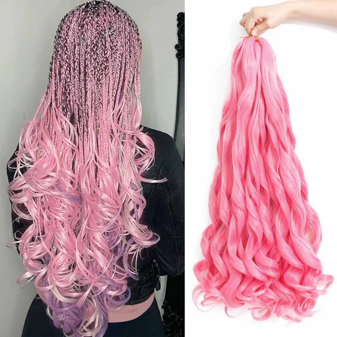 Pink French Curly Braiding Hair 24 Inch 6 Packs Black Loose Wave Bouncy Crochet Hair Pre Stretched 100g/pack Yaki Curly Braiding Hair for Black Women Hair Extensions ((Pack of 6),24inch,Pink)