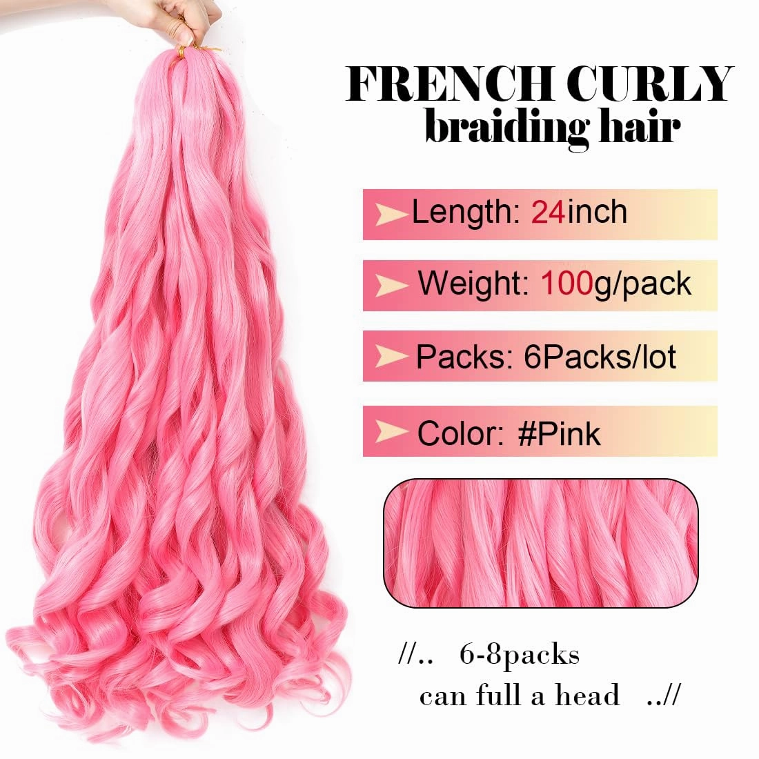 Pink French Curly Braiding Hair 24 Inch 6 Packs Black Loose Wave Bouncy Crochet Hair Pre Stretched 100g/pack Yaki Curly Braiding Hair for Black Women Hair Extensions ((Pack of 6),24inch,Pink)