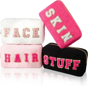 Pinkunn 4 Pcs Preppy Makeup Bags Chenille Letter Travel Organizer Face Skin Hair Stuff Corduroy Cosmetic Hygiene Toiletry Pouch with Zipper Wedding Birthday Gifts for Women(Rose Red Color)