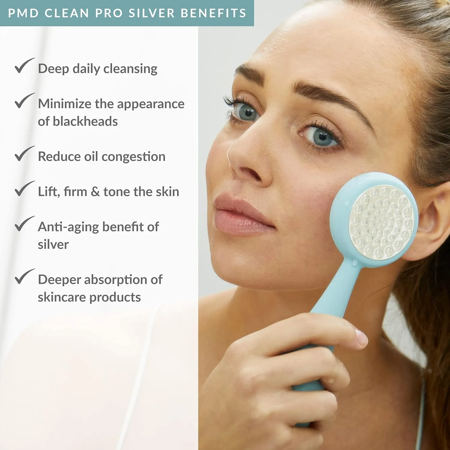 PMD Beauty Clean Pro Silver - Smart Facial Cleansing Device with Silicone Brush & Pure Silver ActiveWarmth Anti-Aging Massager - Waterproof - SonicGlow Vibration - Clear Pores & Blackheads