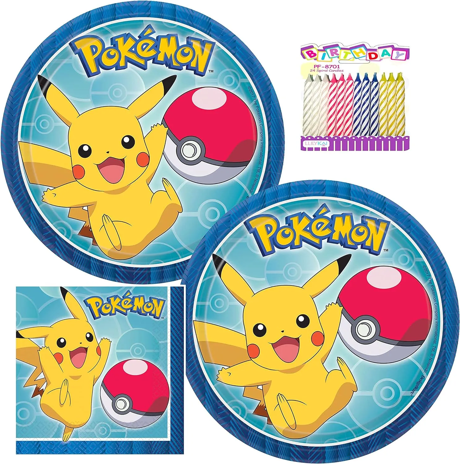Pokémon Party Supplies Pack Serves 16: 7" Plates and Beverage Napkins with Birthday Candles (Bundle for16)