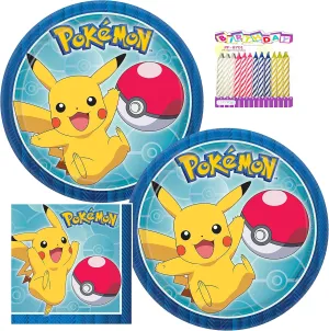 Pokémon Party Supplies Pack Serves 16: 7" Plates and Beverage Napkins with Birthday Candles (Bundle for16)