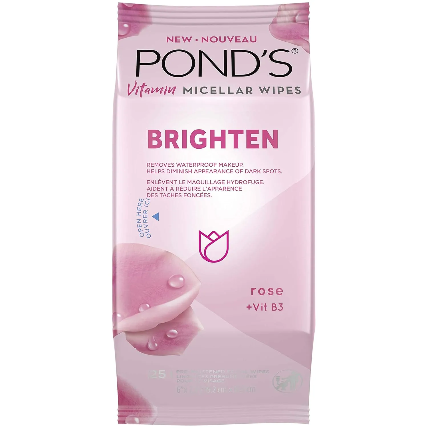Pond's Vitamin Micellar Wipes For Dark Spots Brighten Rose Removes Waterproof Makeup 25 Wipes