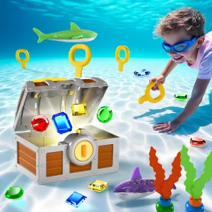 Pool Wave Kids Diving Pool Toy, Large Treasure Chest Water Dive Game W/Keys Gems Fish, Toddler Outdoor Swimming Treasure Box Playset, Fun Summer Swim Party Gifts 3 4 5 6 7 8 10 12 Year Old Boy Girl