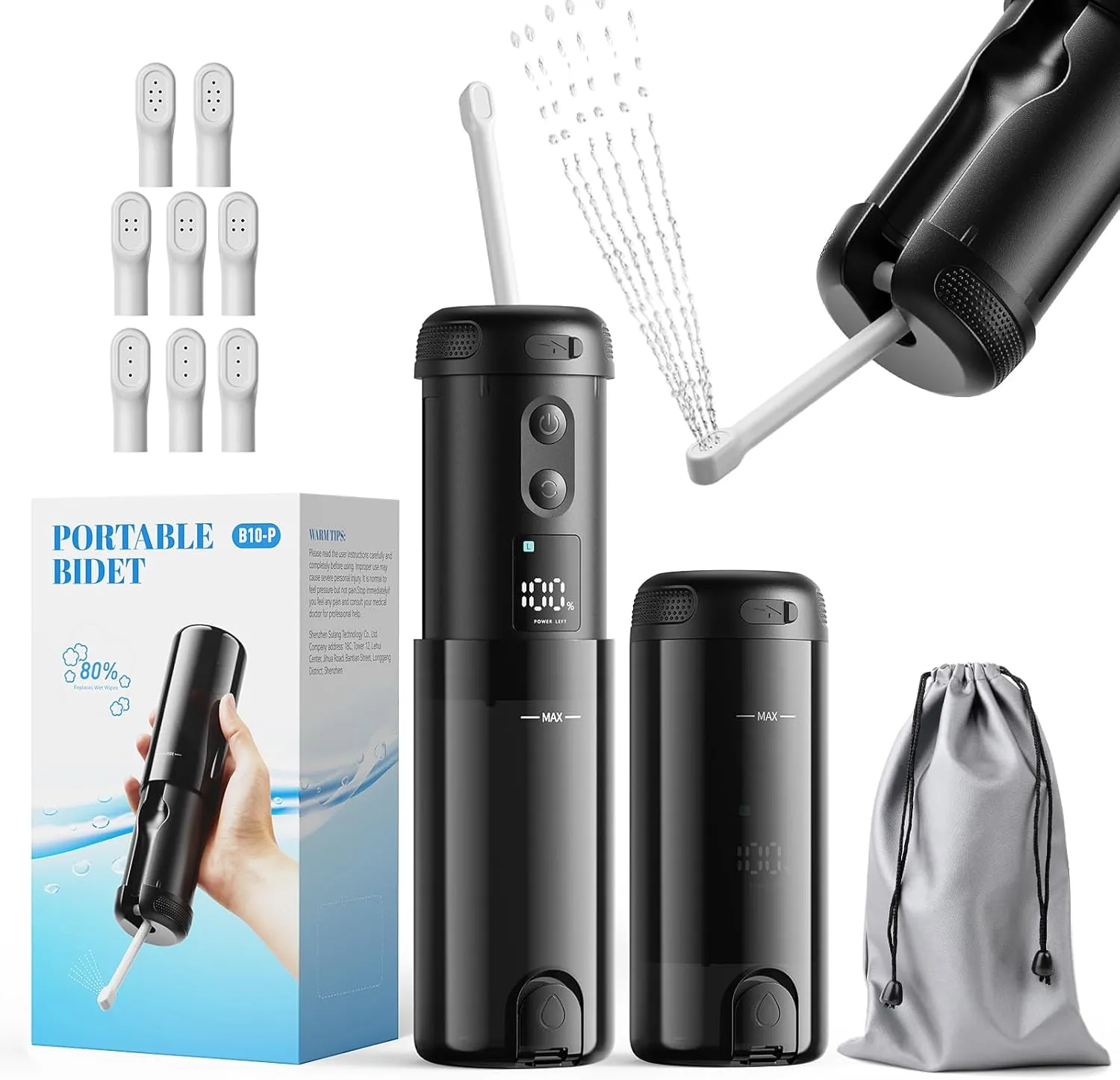 Portable Bidet for Travel-250ml Capacity Peri Bottle with 5 Sprayer Modes, 2000mAh Rechargeable Electric Handheld Bidet with 8 Replaceable Nozzles for Postpartum & Post-Surgery Care (Black)