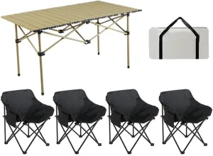 Portable Lightweight Folding Camping Table & Chairs Set Carbon Steel Roll up Top Picnic Table for Outdoor BBQ Garden Hiking Fishing Portable and Compact Design for Easy Travel and Storage