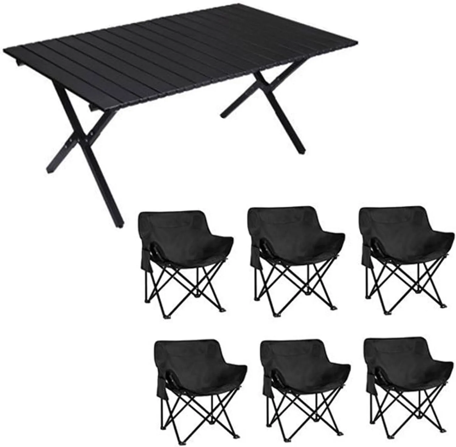 Portable Picnic Table Chairs Sets with Collapsible Roll up Carbon Steel Camp Side Table Folding Camping Chairs Lightweight Foldable Compact Table for Beach BBQ, Black-90cm-7pcs, Beige