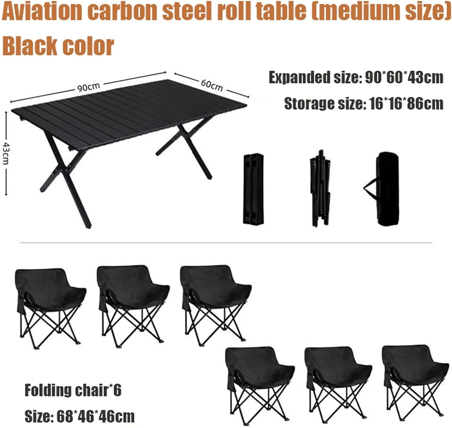Portable Picnic Table Chairs Sets with Collapsible Roll up Carbon Steel Camp Side Table Folding Camping Chairs Lightweight Foldable Compact Table for Beach BBQ, Black-90cm-7pcs, Beige