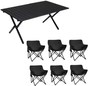 Portable Picnic Table Chairs Sets with Collapsible Roll up Carbon Steel Camp Side Table Folding Camping Chairs Lightweight Foldable Compact Table for Beach BBQ, Black-90cm-7pcs, Beige
