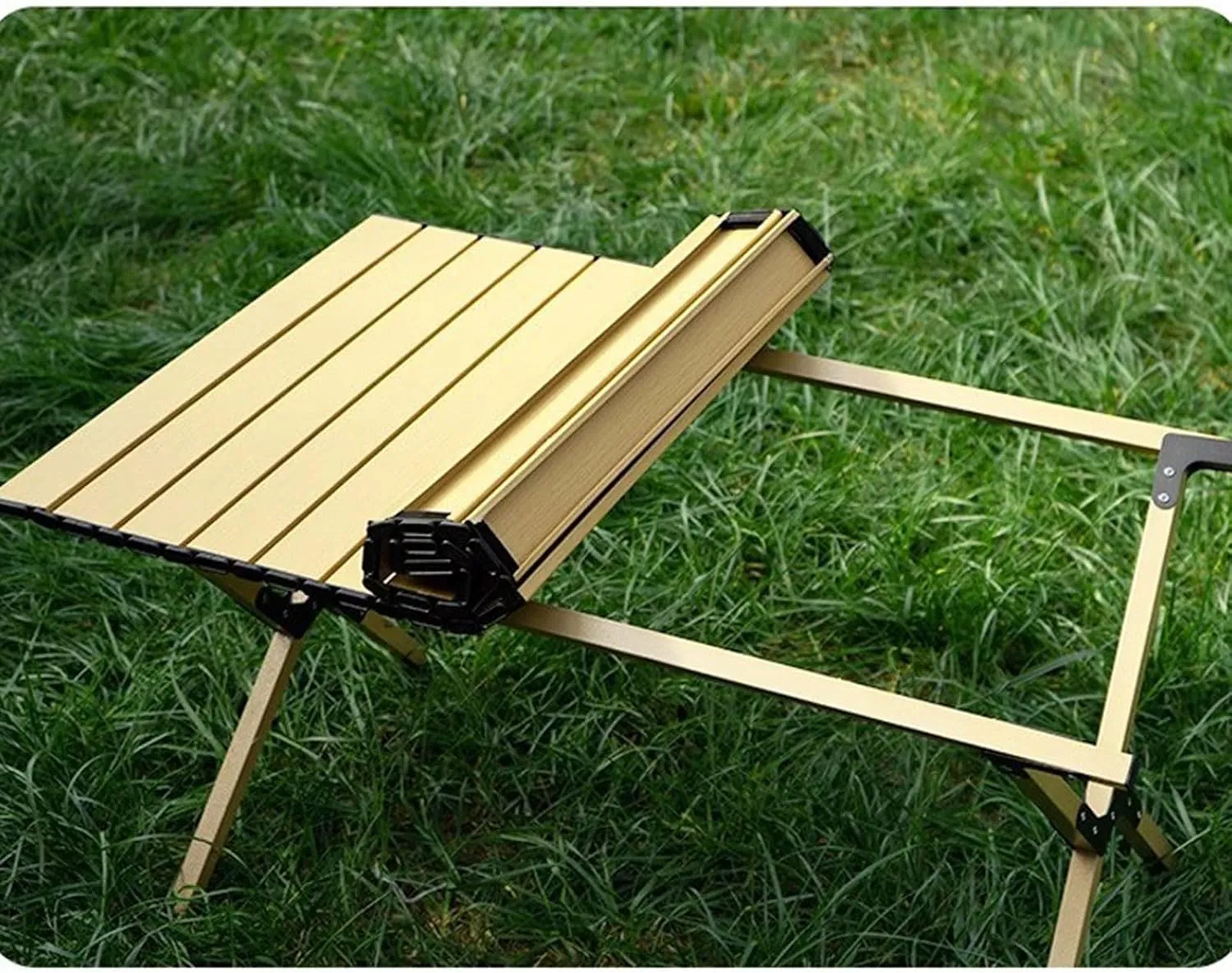 Portable Picnic Table Chairs Sets with Collapsible Roll up Carbon Steel Camp Side Table Folding Camping Chairs Lightweight Foldable Compact Table for Beach BBQ, Black-90cm-7pcs, Beige