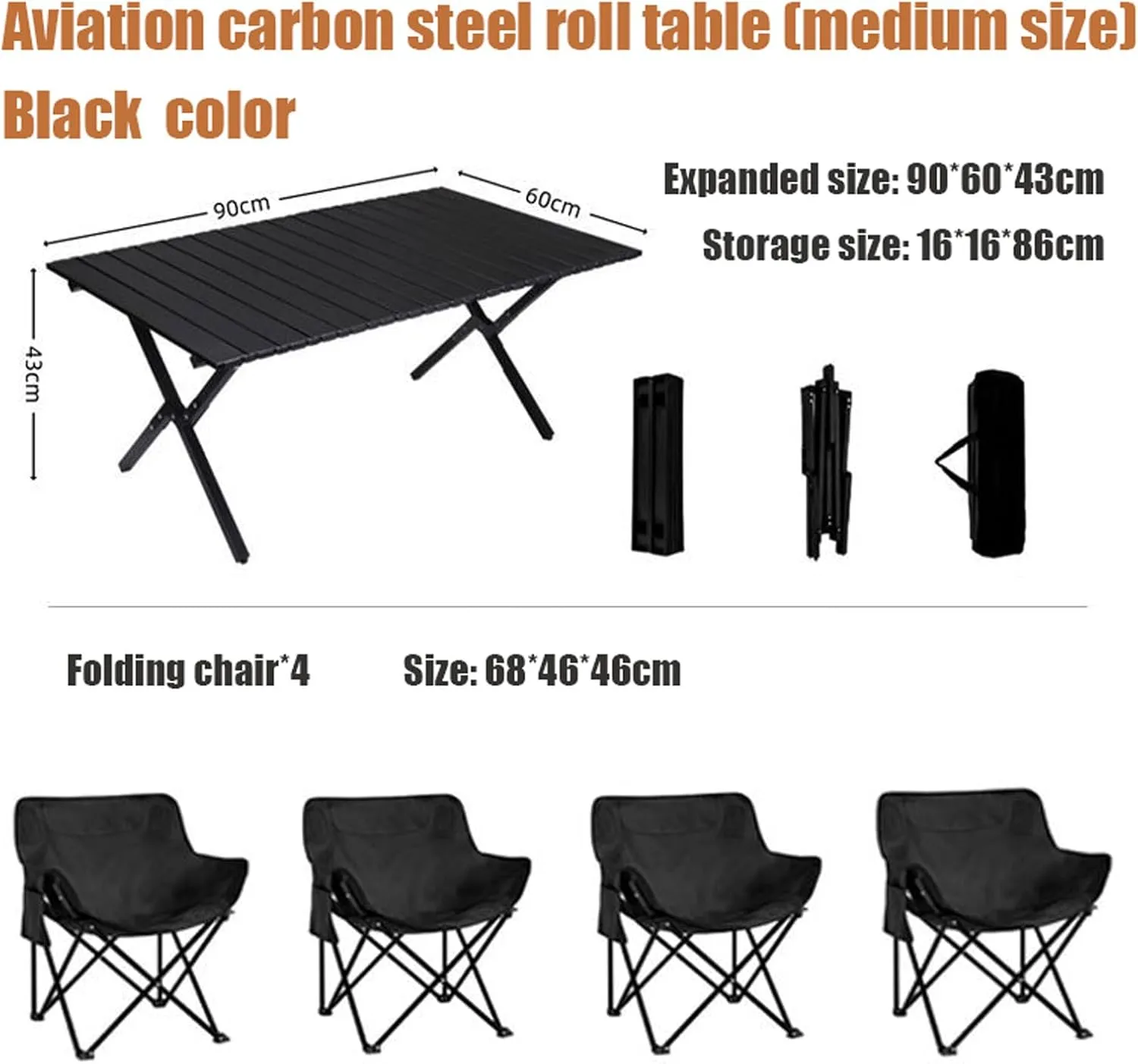 Portable Picnic Table Chairs Sets with Roll up Carbon Steel Camp Side Folding Camping Lightweight Foldable Compact for Beach BBQ