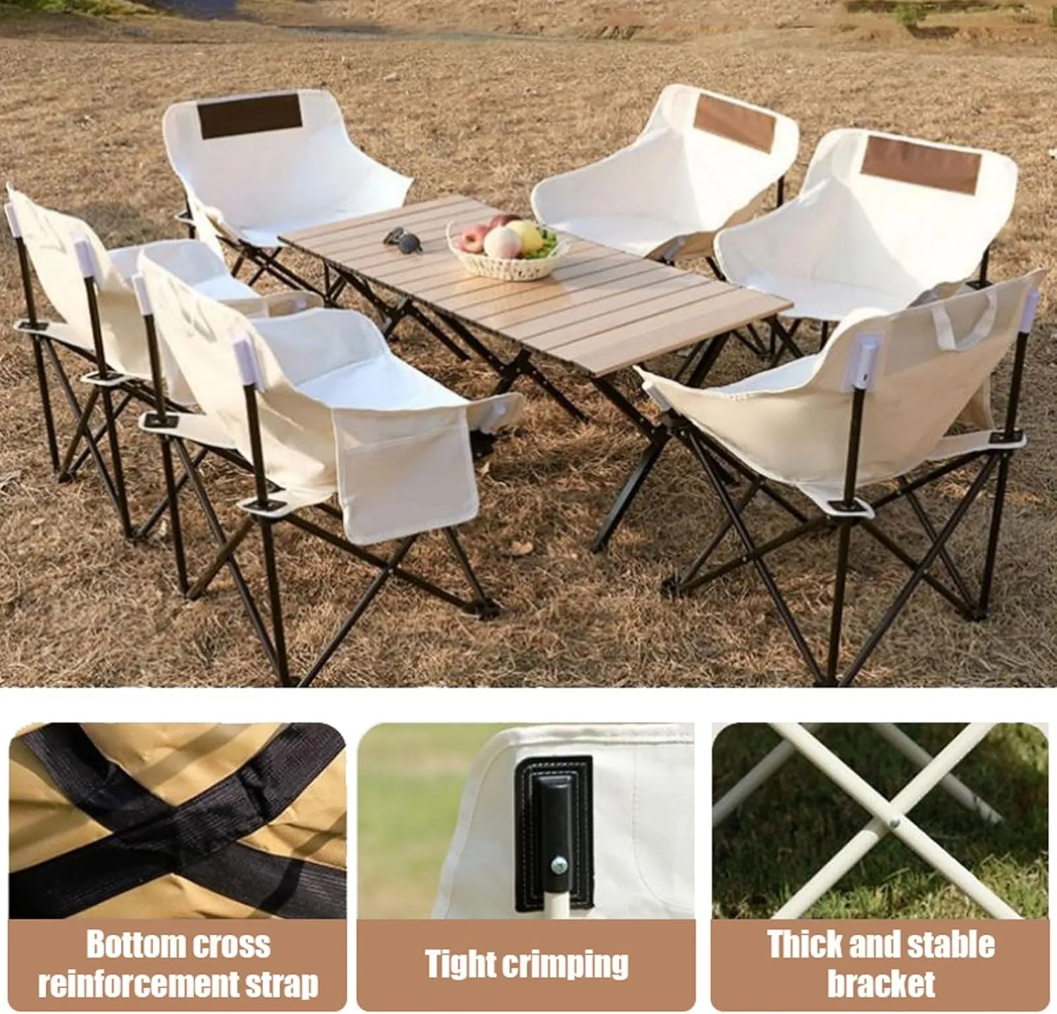 Portable Picnic Table Chairs Sets with Roll up Carbon Steel Camp Side Folding Camping Lightweight Foldable Compact for Beach BBQ